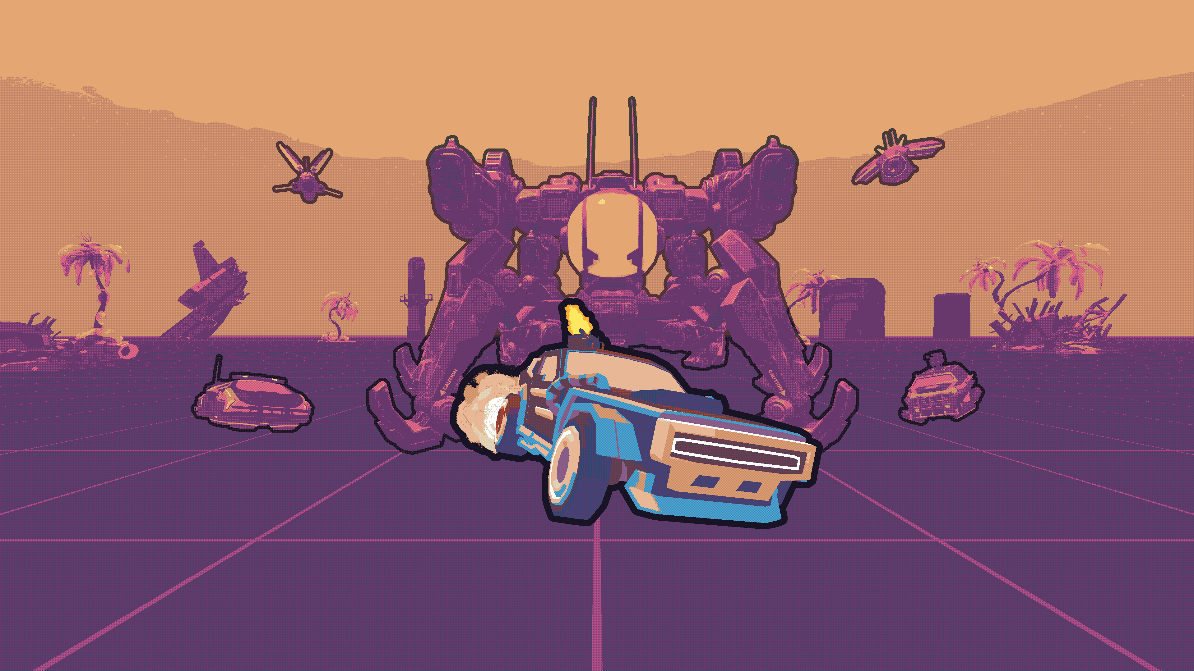 Exodrift key art: an armored car drifting before a towering mech on a neon-lit wasteland